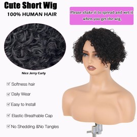 ManeMajesty Short Kinky Curly Human Hair Wigs for Black Women Wear and Go Glueless Wig Afro Jerry Curly Brazilian Remy Human Hair Side Part Curly Pixie Cut Wig No Lace Front 8 Inch Natural Black 1B