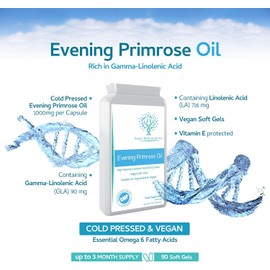 Vegan Evening Primrose Oil 1000mg - 90 Capsules | Cold-Pressed & High GLA with Vitamin E | Premium Non-GMO Formula | UK-Made Plant-Based Softgels
