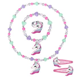 Toddler Little Girls Unicorn Necklace and Bracelet Hair Clips Set, Colorful Jewellery Set for Little Girls, Chirden Unicorn Bracelet, Great Costume Jewelry with Box, Gift Choice for Children-A