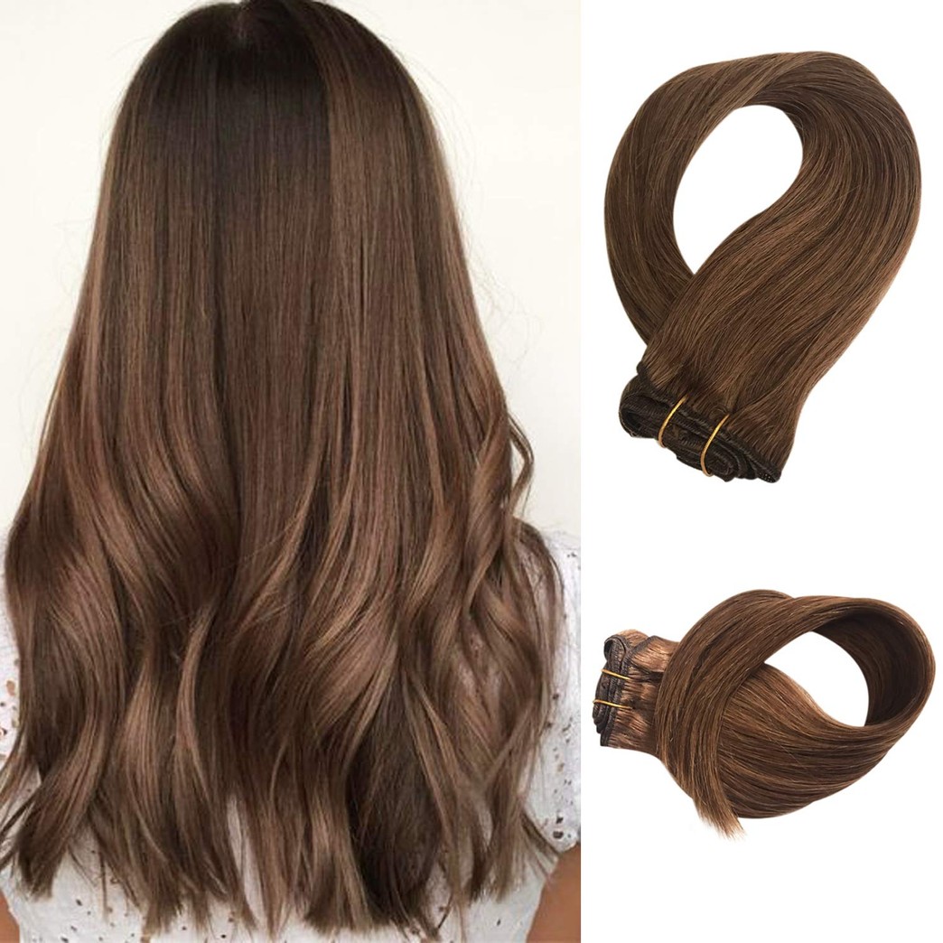 Clip in Human Hair Extensions for Black/White Women Real Remy Hair Extensions Clip on Double Weft 100% Brazilian Virgin Hair Silky Straight Glueless Full Head Chestnut Brown 70g 7pcs 16 Clips 20in