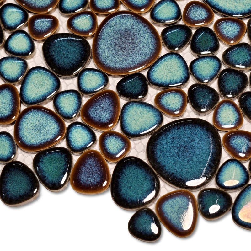 Hominter Artisan Pebble Mosaic Tile Sheet Irregular Blue Green Stone-Look