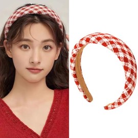 Buffalo Plaid headband for Women Girls Puffy Headbands Tweed Checked Hairband for Teen Girls Wide Sponge Headband Red and White Plaid Hairbands for Women Girls Christmas Headpieces