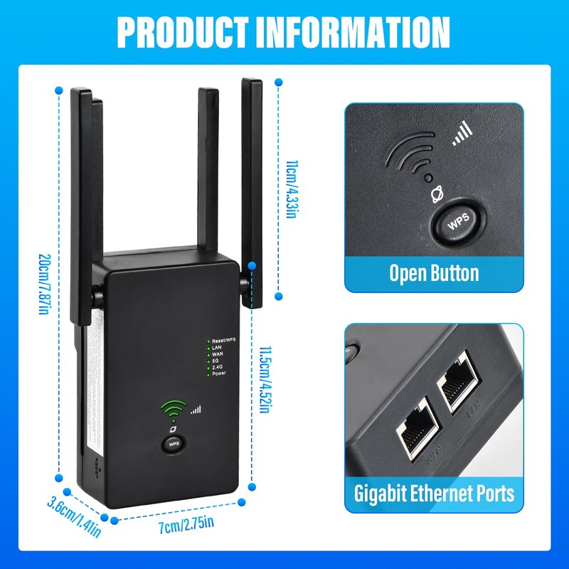 WLAN Repeater WLAN Verstärker 1200Mbit/s Dualband 5G & 2.4G WiFi