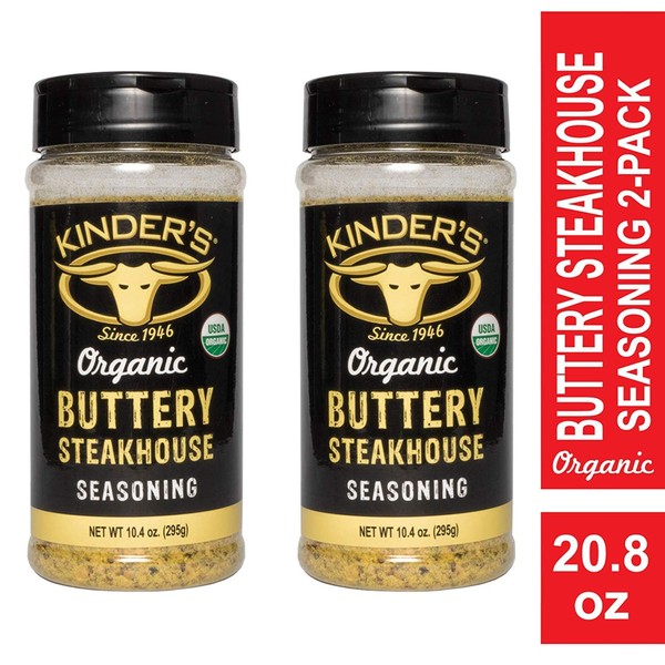 Kinder’s Organic Buttery Steakhouse Rub; Twin Pack of 10.4 oz. Bottles; Authentic and Natural Barbecue Flavor Perfect for All Types of Meat and Makes Any User Into a Grill Master with Its Bold Flavor
