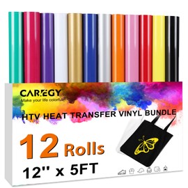 12 Roll Heat Transfer Vinyl 12 Inch by 5 Feet for T-Shirts, Iron on HTV Compatible with Cricut, Cameo, Heat Press Machines, Sublimation