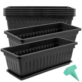 JOIKIT 6 Packs 17 Inches Black Plastic Flower Window Box Planters with Trays, Plastic Vegetable Planters with 30 Plant Labels, Countryside Flower Box Planter for Garden, Windowsill, Patio, Balcony