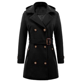 Chrisuno Womens Peacoats Double Breasted Belted Wool Blend Pea Coat Hood Black L