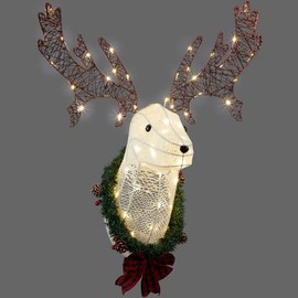 Flulep Lighted Christmas Wall Decor Reindeer Head, 39" Pre-lit 3D Rudolph Hanging Wreath for Front Door Window Indoor Outdoor Xmas Decor Lighted Holiday Displays