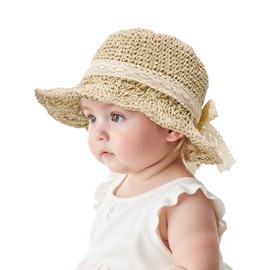 Century Star Baby Girls Straw Sun Hats for Infant Kids Summer Beach Hat for Toddler with Bow A01 Beige 2-6 T