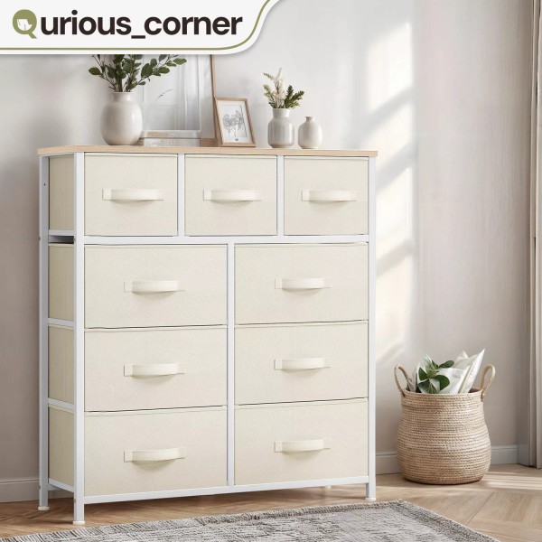Qurious_corner 9 Drawers Dresser White Cream Fabric Tower Closet Chest