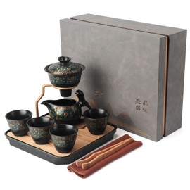 Bsigo Lazy Kungfu Ceramic Tea Set Semi Automatic Drip Rotating with Infuser Ceramic Teapot Set (4 cups), Magnetic Water Diversion Semi-Automatic Teapot Set Chinese Gongfu Porcelain Tea Pot Set