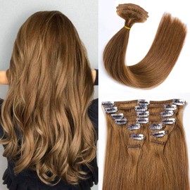 Extensiones de Cabello 50 cm (20") 10 Piezas 100g Humano Liso 100% Remy Color Castaña Marrón con Clips | Doble Trama Sin Desprendimiento, Agrega Volumen | Aplicación Fácil para Mujeres
