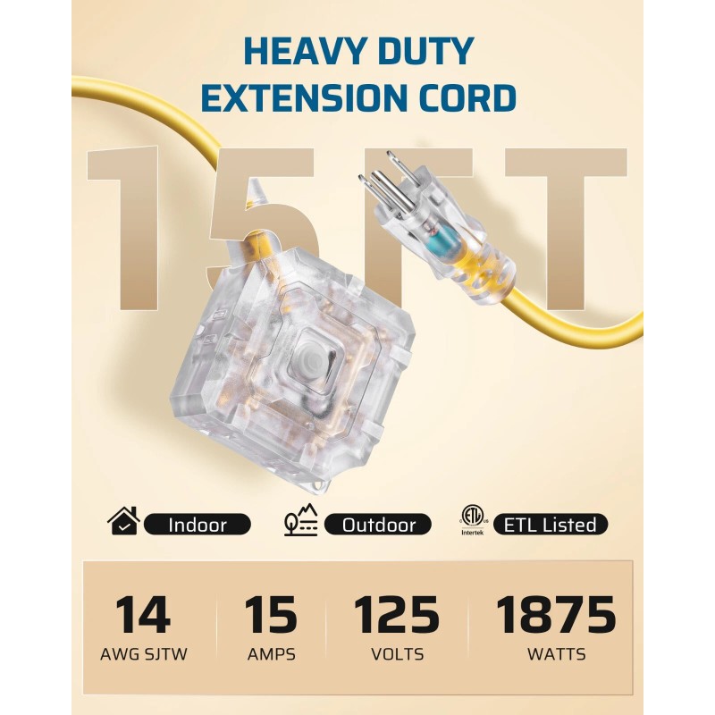 DEWENWILS DEWENWIL 15FT Heavy Duty Extension Cord, Dust-Proof &Waterproof Switch,6