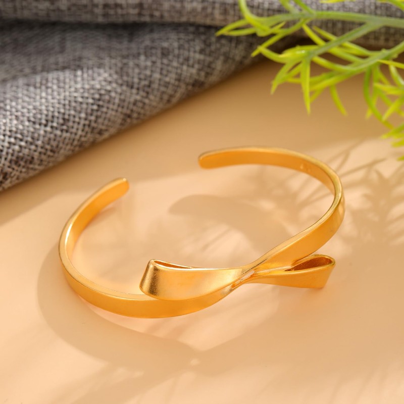 LUREME Golden Bowknot Bowtie Open Bangle Cuff Bracelets for Women(bl003590)
