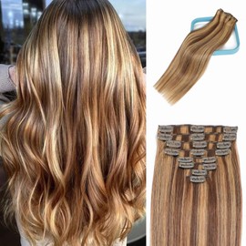 LORIEN Clip in Hair Extensions Real Human Hair, 20 Inch 105g,4/27 Chocolate Brown to Caramel Blonde, Clip in 100% Brazilian Remy Human Hair Extensions 8pcs Per Set with 18 Clips Double Weft