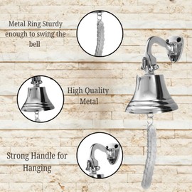 Fenzo Last Order Bell, Traditional Wall Mounted Hanging Door Ship Silver Bell with Durable Rope, Crisp Loud Sound, for Sleigh, Playhouse, Boat, Home Bar Pub (6 Inch)