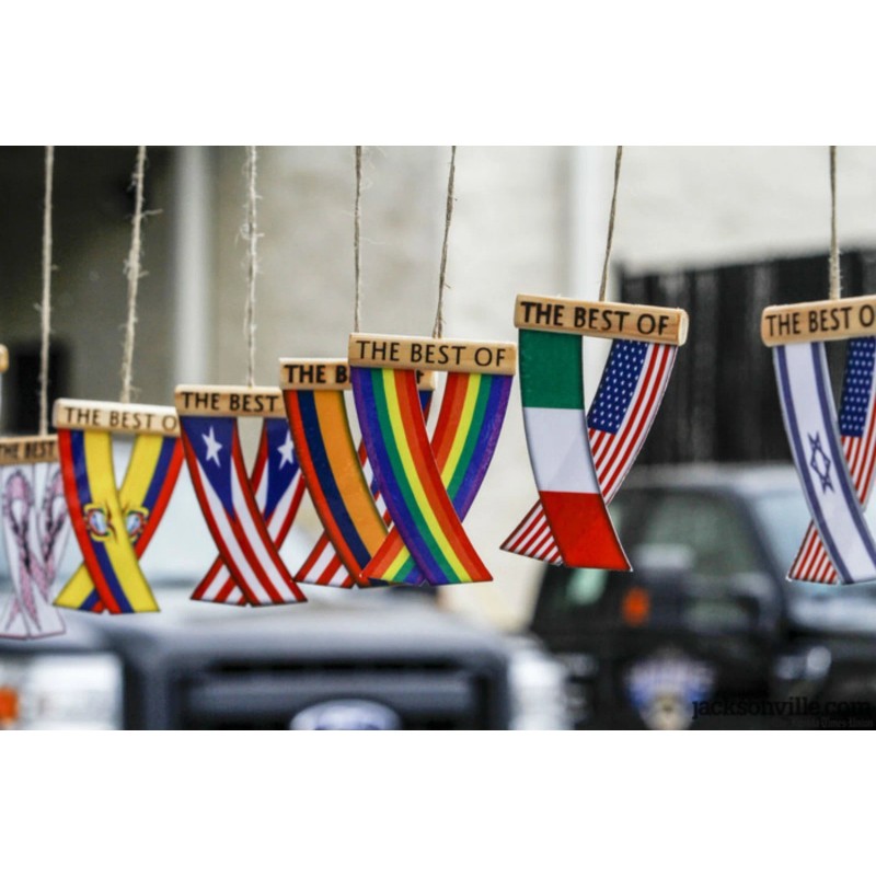 Rear view mirror car flags Peru and USA Peruvian unity