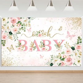 Mocsicka Girl Baby Shower Backdrop Banner Pink Floral Decorations for Girls Oh Baby Butterfly Photo Booth Props Background 70.8x43.3 inch