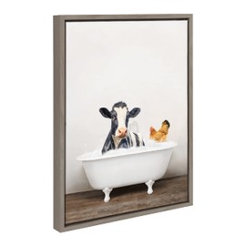 Kate and Laurel Sylvie Cow and Chicken in Rustic Bath Framed Canvas Wall Art by Amy Peterson Art Studio; 18x24 Gray; Modern Fun Decorative Bathtub Wall Art for Home Décor
