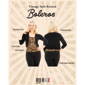 Ro Rox Masie Bolero Vintage Cropped Cardigan 3/4 Sleeve Rockabilly 1950s Knit, Black, L