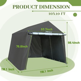 LVUYOYO 10'X10' Outdoor Storage Shelter Shed, Waterproof Portable Storage Shed with Roll-up Zipper Door and Ventilated Window, Heavy Duty Outdoor Shed Carport for Motorcycle, Bike, Garden Tools (Grey)