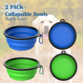 Takfox Collapsible Dog Bowls [2 Pack] 20 oz, Travel Dog Bowls, Pet Bowl Portable Foldable Water Food Feeding Dishes with Carabiner Clip for Traveling Hiking Walking-Green & Blue