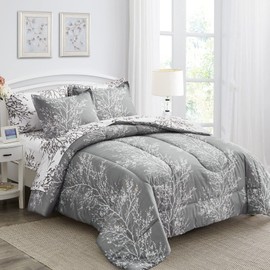 Joyreap 7 Piece Bed in a Bag, Botanical Bedding Set Queen Size Comforter Set for All Season- Gray n White Leaves- 1 Comforter, 2 Pillow Shams, 1 Flat Sheet, 1 Fitted Sheet, 2 Pillowcases