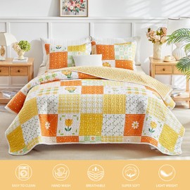 Patchwork Quilt Set Queen Size 3 Pieces Yelllow Orange White Pink Leaves Floral Plaid American Country Bedspread Coverlet Set for All Season Soft Colorful Flowers Botanical Microfiber Bedding Set
