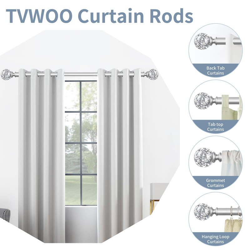 TVWOO Silver Decorative Crystal Curtain Rods 2 Pack:18-45"Heavy Duty Adjustable