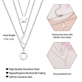 VU100 Pack of 2/3 Sun, Moon and Stars Necklace Friendship Pendant Necklace Gift for Best Friend Men Women Boys Girls (Silver/Gold), Stainless Steel, No Gemstone