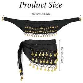 Xindojuz 1 PCS Belly Dance Skirt, Belly Dance Hip Scarf with 128 Gold Coins, Performance Bellys Dancer Costume Concert Outfits for Women Yoga Bellys Dancing (Black, 130 cm/51 Inch)