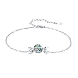 TRISHULA Triple Moon Pentagram Bracelet 925 Sterling Silver Abalone Necklace Pagan Wiccan Amulet Jewellery Gifts for Men Women Ladies, Sterling Silver