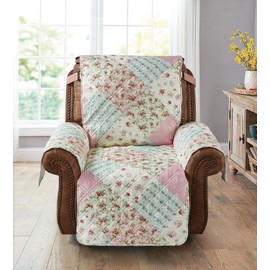 Brilliant Sunshine Pink and Green Rose Patchwork Quilted Large Recliner Slipcover, 28" Seat Width, Slip Resistant Furniture Protector, 2" Strap, Washable Reclining Chair Cover for Kids,Dogs,Pink Green