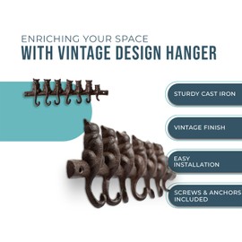 Comfify 7 Cats Cast Iron Wall Mounted Hanger Rack - Decorative Cast Iron Wall Hook Rack - Vintage Design Hanger with 7 Hooks - Wall Mounted | 12.4 x 3.9”- with Screws and Anchors | Rustic Brown Color