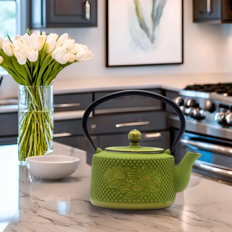 Cast Iron Teapot with Sunflower Pattern,SECHUDO Tea Kettle Coated with