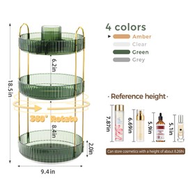 360° Rotating Makeup Organizer, Upgraded 3 Tier Skincare Perfume Organizers for Women, Bathroom Organizer Countertop, Clear Cosmetic Dresser Organizer with Makeup Brush Holder, Sink&Counter (Green)