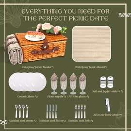 Wicker Picnic Basket Set for 4 Persons with Waterproof Picnic Blanket and Insulated Cooler, Large Willow Picnic Hamper for Camping, Outdoor, Valentine's Day, Birthday, Wedding Gift