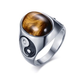 LAFATINA Vintage Yin Yang Balance Wedding Bands Men's Women Stainless Steel Tiger Eye Stone Tai Chi Class Rings, Size Q