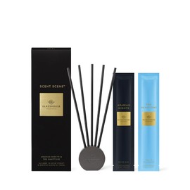 Glasshouse Fragrances The Hamptons & Arabian Nights Scent Scene Duo, Refillable Liquidless Diffuser + 10 Stems, Perfume Scented Home Decor, Teak & Petitgrain + White Oud Scent