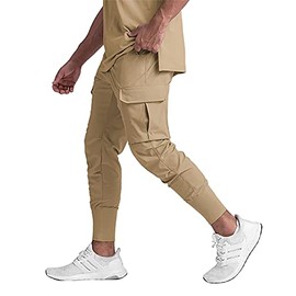GINTPK Men's Slim High Rib Jogger Tapered Sweatpants for Summer Training Gym Workout Pants with Elastic Bottom Khaki L