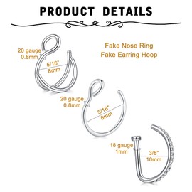 MODRSA Fake Nose Ring Hoop Faux Nose Rings Hoop Double Hoops Fake Lip Ring Clip on Nose Ring Clip on Earring Hoop Fake Nose Piercing Fake Hoop Earrings Silver Gold Black Lip Cuff Non Piercing