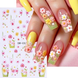 6 Sheets Spring Nail Decals for Nail Art Colorful Flower Nail Stickers 3D Self-Adhesive Ladybug Flowers Nail Supplies Pink Yellow Blue Butterfly Nail Art Stickers for Women Girls Nail Decoration