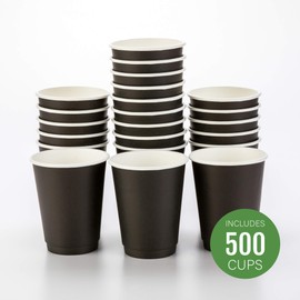 500-CT Disposable Black 12-oz Hot Beverage Cups with Double Wall Design: No Need for Sleeves - Perfect for Cafes - Eco Friendly Recyclable Paper - Insulated - Wholesale Takeout Coffee Cup