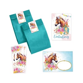 Minkocards 12 Invitation Cards for 9th Children's Birthday Girls Horse Invitation Ninth Birthday Includes 12 Envelopes, 12 Party Bags / Petrol Blue, 12 Stickers and 12 Bookmarks Invitation Set