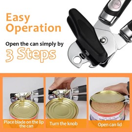 Stainless Steel Can Opener Manual, Heavy Duty Smooth Edge with Sharp Blade, Tin Opener Kitchen Gadgets, Tin Opener with Multifunctional Bottle Opener, Black
