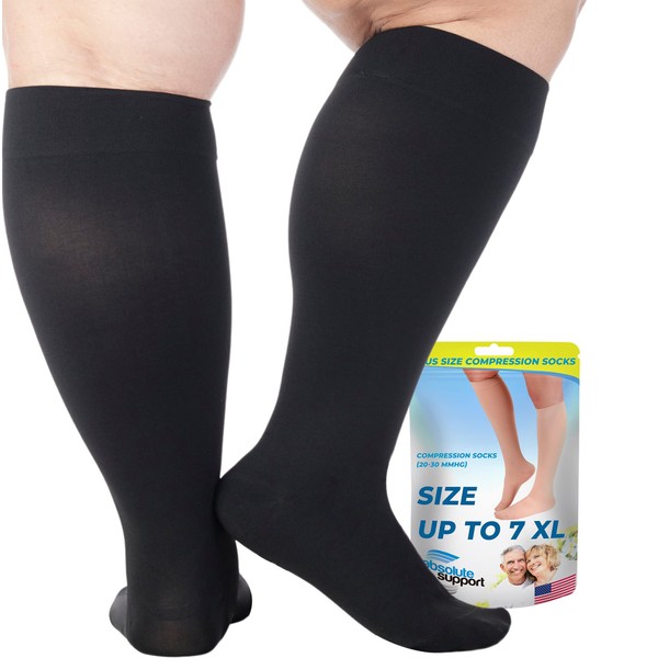7XL Big and Tall Compression Socks 20-30 mmHg Extra Large Wide Calf - Plus Size Compression Support Hose Men & Women Bariatric Fatigue Pain Leg Swelling Recovery Black, 7X-Large