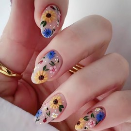 Summer Press on Nails Medium Almond Fake Nails with Colorful Flower Designs Spring Nails Press ons Glossy Glue on Nails Nude Acrylic Nails Cute False Nails Artificial Stick on Nails for Women 24Pcs