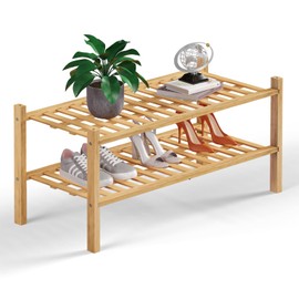 Haddockway 2 Tier Bamboo Shoe Rack Storage Organizer, Multifunctional Free Standing Stackable Shoe Shelf with Grid Panel for Closet,Hallway,Entryway,Small Space 27"x11"x13" (Natural, 2 Tier)