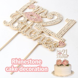 LASKYER - Decoración para tartas con diamantes de imitación dorados y rosados con texto en inglés «I'm 21st Birthday Cheers to 21 Years Old Bday Party Metal Sparkly Food Centerpieces para decoración