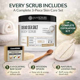 PureSCRUBS - Set de exfoliante corporal orgánico de primera calidad – 16 onzas de vainilla cuerpo de la vainilla, aceites esenciales orgánicos infundidos de sal del Mar Muerto y nutrientes incluye cuchara de madera, esponja y jabón exfoliante orgánico